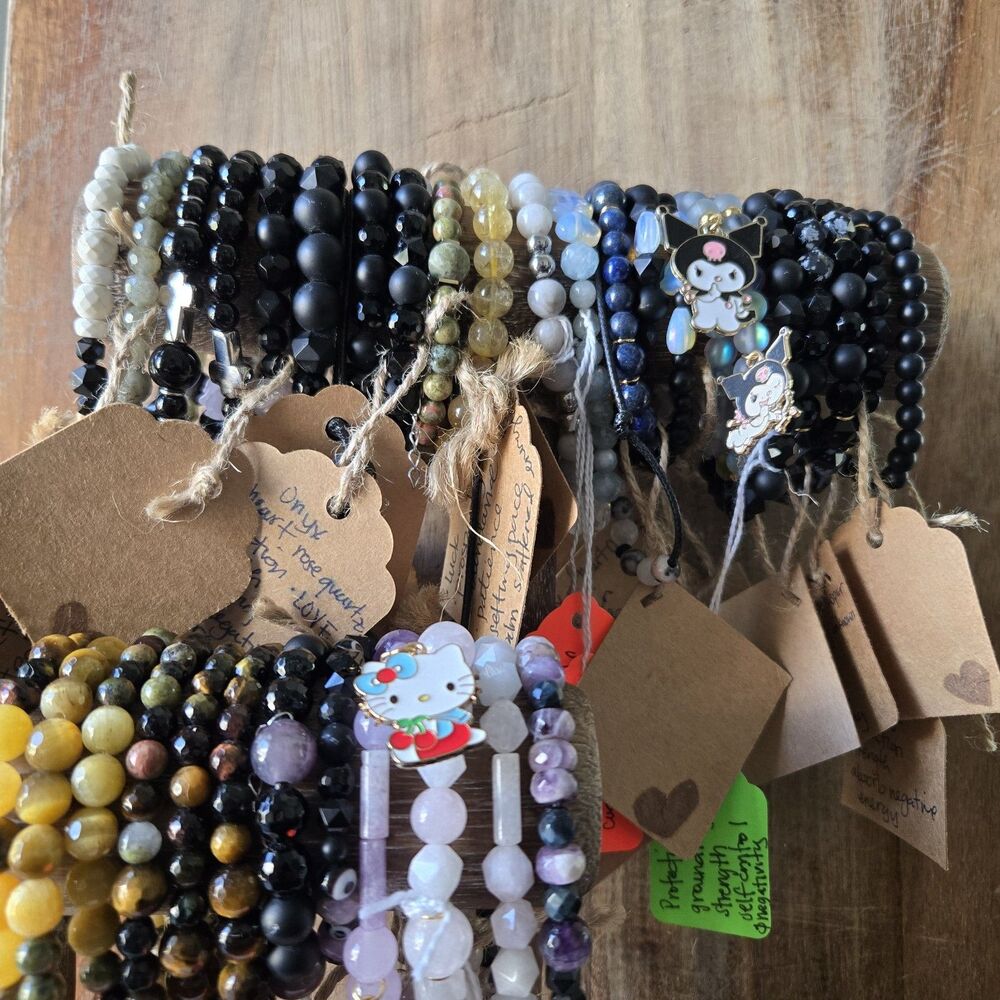 Crystal Healing Power Bracelets Bundle Onyx, Tiger Eye, Amethyst, Glass Beads...